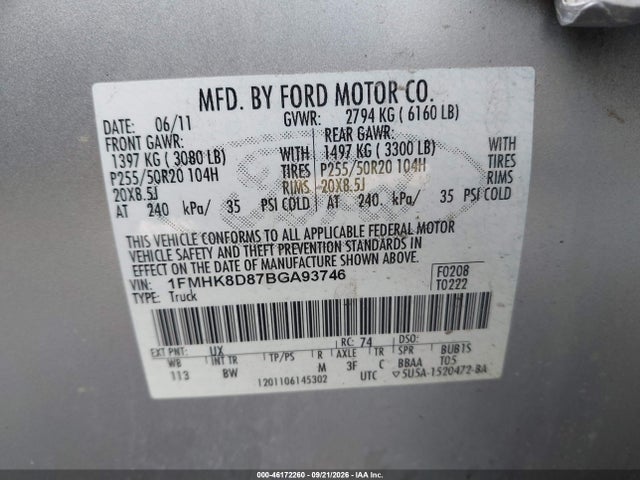 2011 Ford Explorer Xlt მანქანა იყიდება აუქციონზე, vin: 1FMHK8D87BGA93746, აუქციონის ნომერი: 46172260