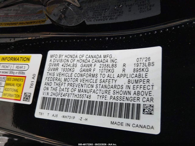 Продаж на аукціоні авто 2026 Honda Civic Sport/sport Touring, vin: 2HGFE4F87TH355748, номер лоту: 46172263