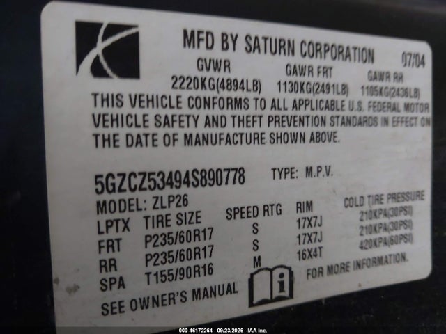46172264 :رقم المزاد ، 5GZCZ53494S890778 vin ، 2004 Saturn Vue V6 مزاد بيع