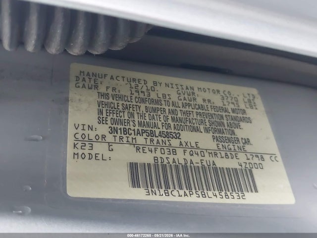 46172265 :رقم المزاد ، 3N1BC1AP5BL458532 vin ، 2011 Nissan Versa 1.8s مزاد بيع