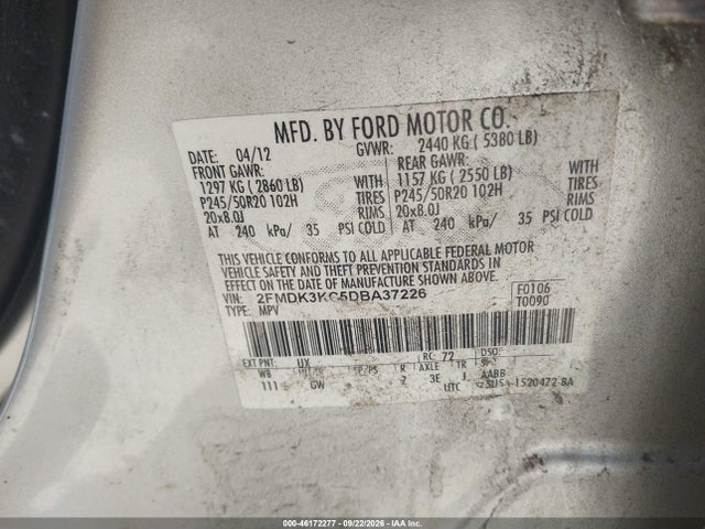 2013 Ford Edge Limited მანქანა იყიდება აუქციონზე, vin: 2FMDK3KC5DBA37226, აუქციონის ნომერი: 46172277