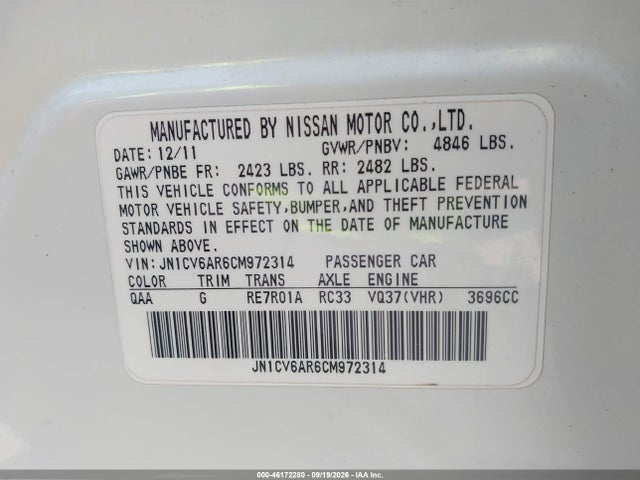 46172280 :رقم المزاد ، JN1CV6AR6CM972314 vin ، 2012 Infiniti G37x مزاد بيع