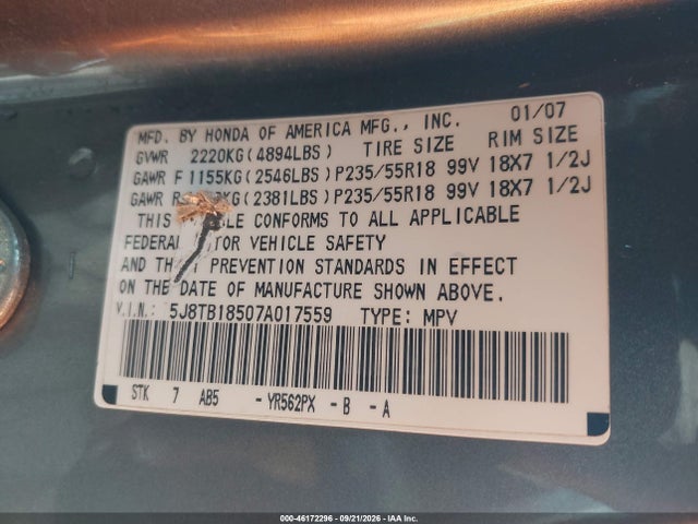 Auction sale of the 2007 Acura Rdx, vin: 5J8TB18507A017559, lot number: 46172296