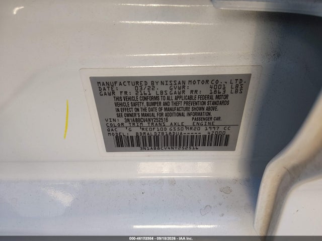Продажа на аукционе авто 2022 Nissan Sentra Sv Xtronic Cvt, vin: 3N1AB8CV4NY252516, номер лота: 46172304