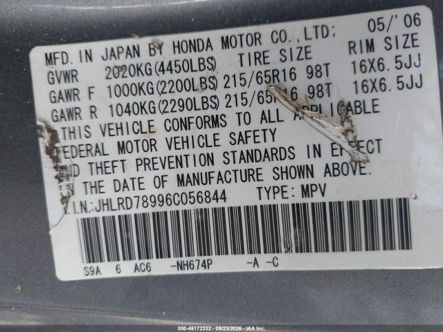 Продаж на аукціоні авто 2006 Honda Cr-v Se, vin: JHLRD78996C056844, номер лоту: 46172332