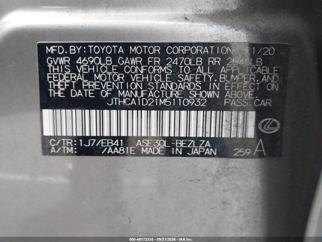 2021 Lexus Is 300 მანქანა იყიდება აუქციონზე, vin: JTHCA1D21M5110932, აუქციონის ნომერი: 46172335