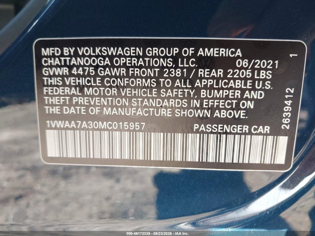 2021 Volkswagen Passat 2.0t S მანქანა იყიდება აუქციონზე, vin: 1VWAA7A30MC015957, აუქციონის ნომერი: 46172339