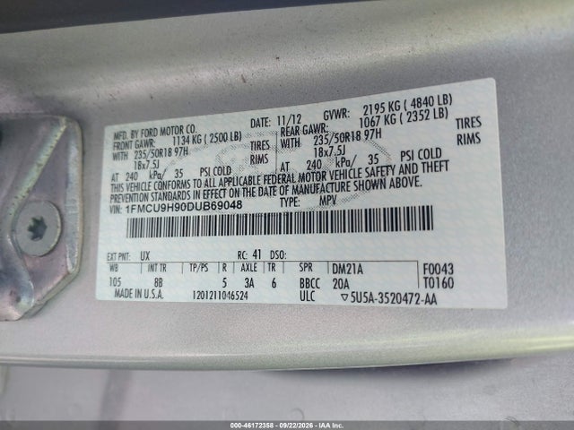 46172358 :رقم المزاد ، 1FMCU9H90DUB69048 vin ، 2013 Ford Escape Sel مزاد بيع
