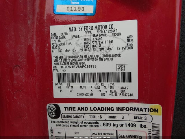 Aukcja sprzedaży 2010 Ford F-150 Xlt, vin: 1FTFW1EV8AFC65783, numer aukcji: 46172359