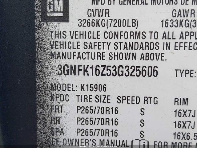 Aukcja sprzedaży 2003 Chevrolet Suburban 1500 Ls, vin: 3GNFK16Z53G325606, numer aukcji: 46172375