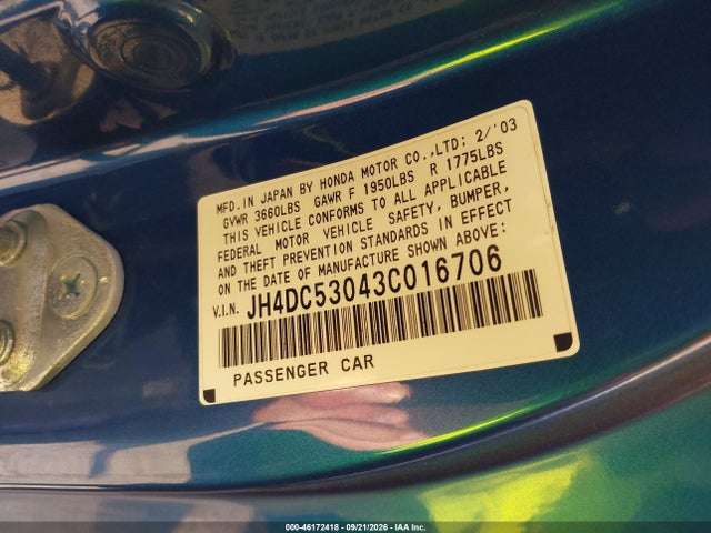 Aukcja sprzedaży 2003 Acura Rsx Type S, vin: JH4DC53043C016706, numer aukcji: 46172418