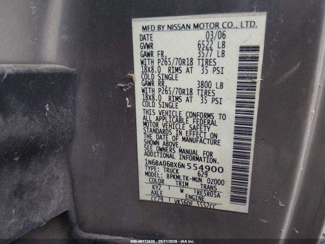 2006 Nissan Titan Se მანქანა იყიდება აუქციონზე, vin: 1N6BA06BX6N554900, აუქციონის ნომერი: 46172428