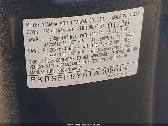 2026 Yamaha Yw125 მანქანა იყიდება აუქციონზე, vin: RKRSEH9Y6TA008614, აუქციონის ნომერი: 46172436