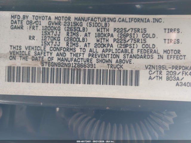2001 Toyota Tacoma Prerunner V6 მანქანა იყიდება აუქციონზე, vin: 5TEGN92N91Z866391, აუქციონის ნომერი: 46172451