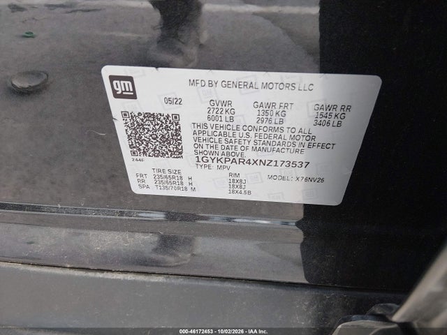 46172453 :رقم المزاد ، 1GYKPAR4XNZ173537 vin ، 2022 Cadillac Xt6 Luxury مزاد بيع