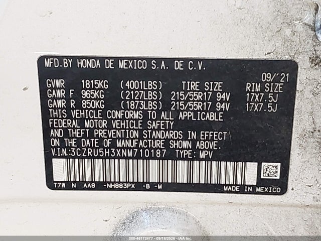 46172477 :رقم المزاد ، 3CZRU5H3XNM710187 vin ، 2022 Honda Hr-v 2wd Lx مزاد بيع