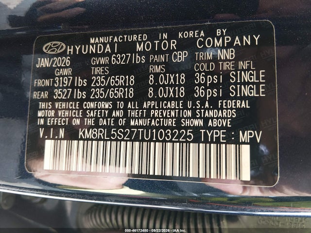 Aukcja sprzedaży 2026 Hyundai Palisade Sel 7p, vin: KM8RL5S27TU103225, numer aukcji: 46172480