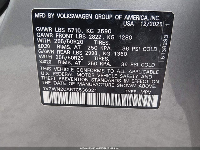 Aukcja sprzedaży 2026 Volkswagen Atlas Se With Technology, vin: 1V2WN2CA6TC536321, numer aukcji: 46172493