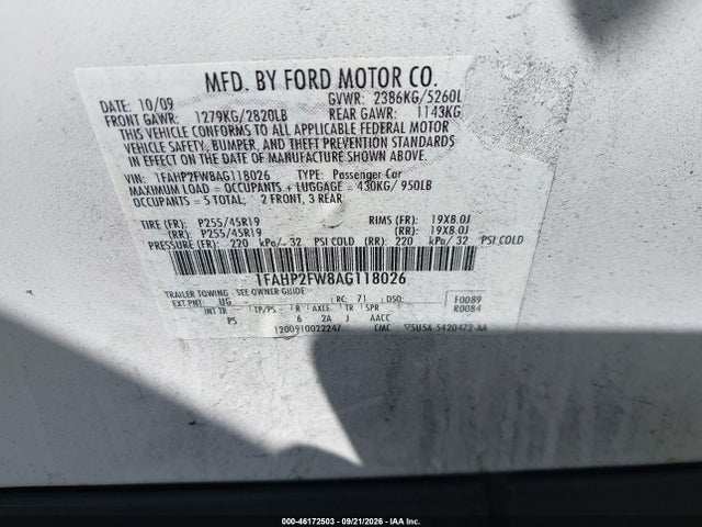 2010 Ford Taurus Limited მანქანა იყიდება აუქციონზე, vin: 1FAHP2FW8AG118026, აუქციონის ნომერი: 46172503