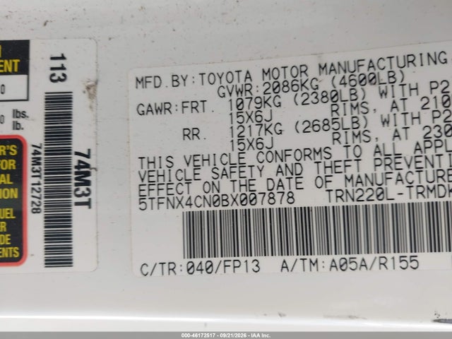 Продаж на аукціоні авто 2011 Toyota Tacoma, vin: 5TFNX4CN0BX007878, номер лоту: 46172517