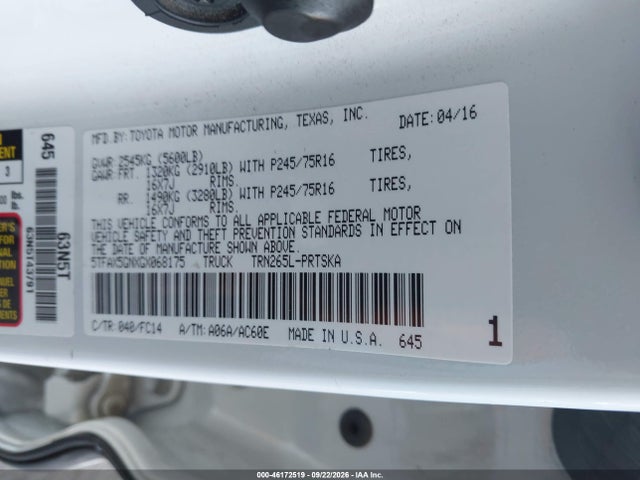 46172519 :رقم المزاد ، 5TFAX5GNXGX068175 vin ، 2016 Toyota Tacoma Sr5 مزاد بيع