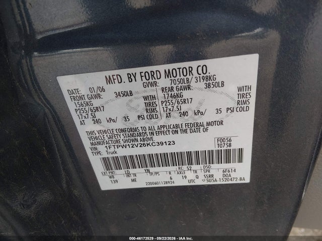2006 Ford F-150 Lariat/xlt მანქანა იყიდება აუქციონზე, vin: 1FTPW12V26KC39123, აუქციონის ნომერი: 46172529