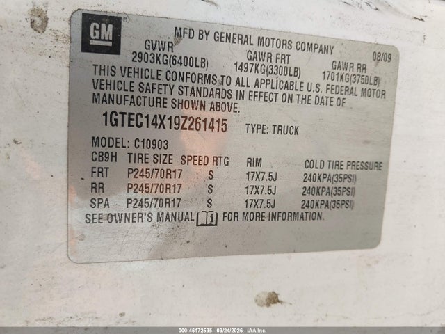 46172535 :رقم المزاد ، 1GTEC14X19Z261415 vin ، 2009 Gmc Sierra 1500 Work Truck مزاد بيع