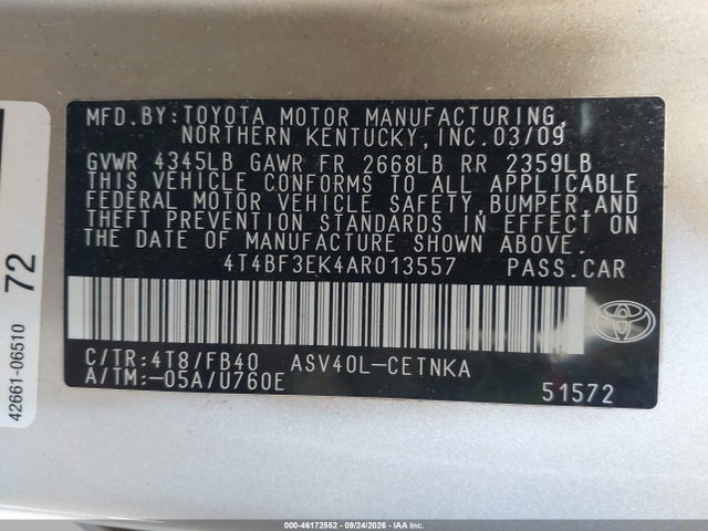 46172552 :رقم المزاد ، 4T4BF3EK4AR013557 vin ، 2010 Toyota Camry Le مزاد بيع