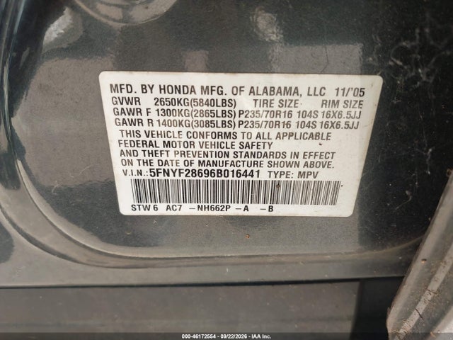 Aukcja sprzedaży 2006 Honda Pilot Ex-l, vin: 5FNYF28696B016441, numer aukcji: 46172554
