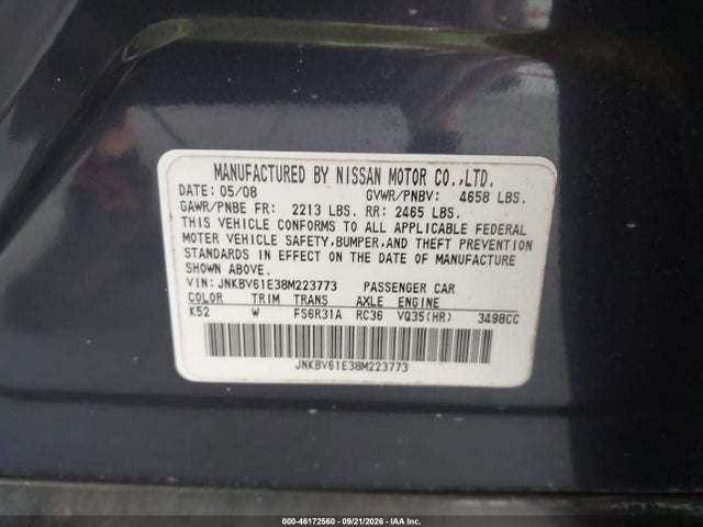 Aukcja sprzedaży 2008 Infiniti G35 Sport, vin: JNKBV61E38M223773, numer aukcji: 46172560