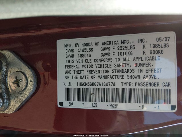 Продаж на аукціоні авто 2007 Honda Accord 2.4 Ex, vin: 1HGCM56867A164774, номер лоту: 46172570