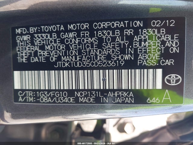 Продаж на аукціоні авто 2012 Toyota Yaris Le, vin: JTDKTUD35CD523619, номер лоту: 46172585