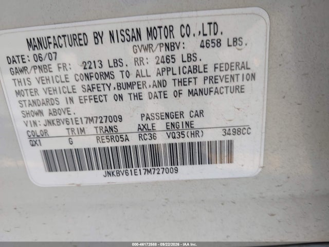 Aukcja sprzedaży 2007 Infiniti G35 Sport, vin: JNKBV61E17M727009, numer aukcji: 46172588