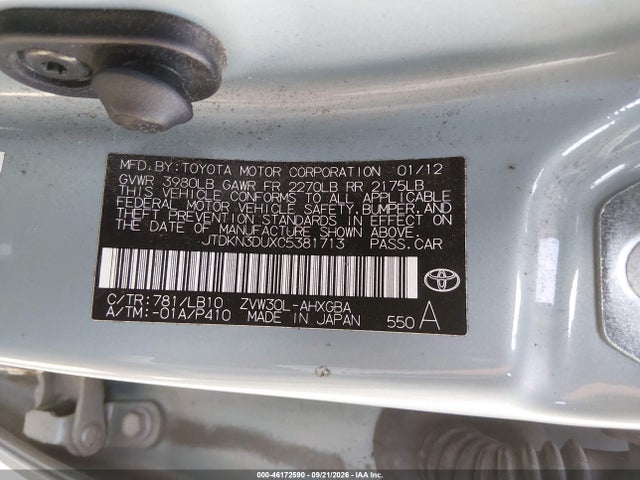 46172590 :رقم المزاد ، JTDKN3DUXC5381713 vin ، 2012 Toyota Prius Four مزاد بيع