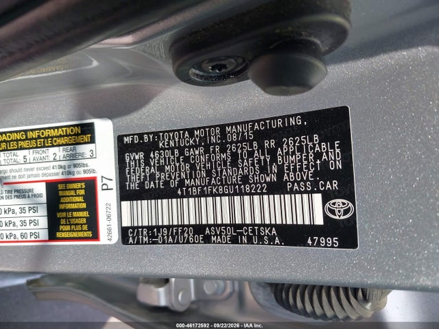 2016 Toyota Camry Se მანქანა იყიდება აუქციონზე, vin: 4T1BF1FK8GU118222, აუქციონის ნომერი: 46172592