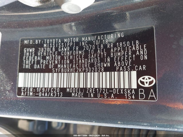 Продаж на аукціоні авто 2019 Toyota Corolla Se, vin: 5YFBURHE2KP902028, номер лоту: 46172594