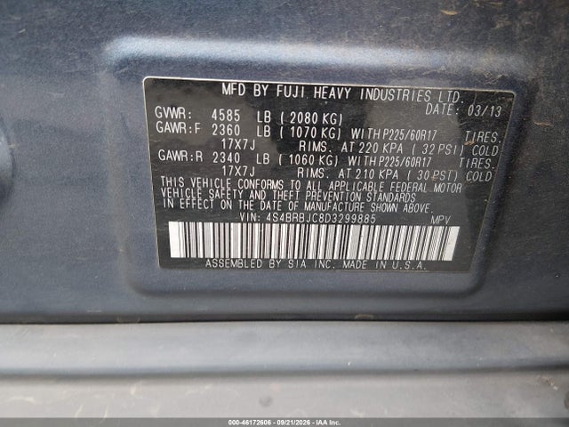 Aukcja sprzedaży 2013 Subaru Outback 2.5i Limited, vin: 4S4BRBJC8D3299885, numer aukcji: 46172606