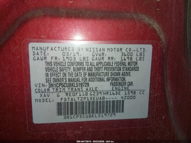 46172615 :رقم المزاد ، 3N1CP5CU8KL519729 vin ، 2019 Nissan Kicks Sr مزاد بيع