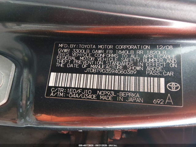 Aukcja sprzedaży 2009 Toyota Yaris, vin: JTDBT903594060389, numer aukcji: 46172620