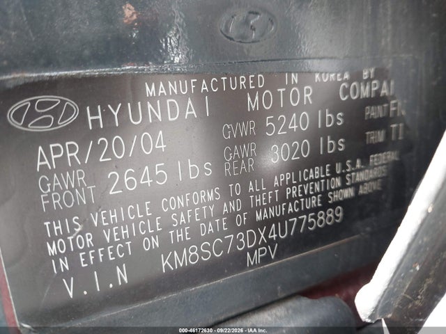 Продажа на аукционе авто 2004 Hyundai Santa Fe Gls, vin: KM8SC73DX4U775889, номер лота: 46172630