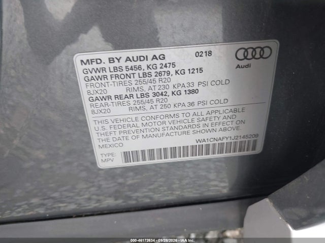 Продажа на аукционе авто 2018 Audi Q5 2.0t Premium/2.0t Tech Premium, vin: WA1CNAFY1J2145209, номер лота: 46172634