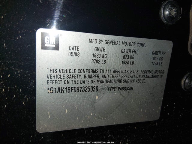 Aukcja sprzedaży 2008 Chevrolet Cobalt Ls, vin: 1G1AK18F987325030, numer aukcji: 46172647