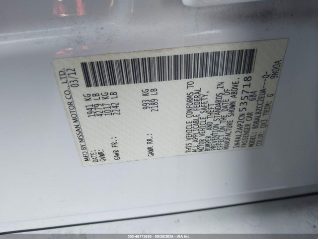 2012 Nissan Altima 2.5 S მანქანა იყიდება აუქციონზე, vin: 1N4AL2AP2CN535718, აუქციონის ნომერი: 46172650