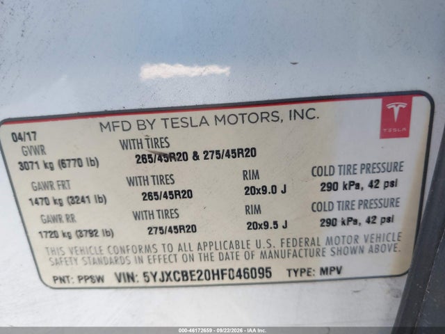 Продажа на аукционе авто 2017 Tesla Model X 100d/75d/90d, vin: 5YJXCBE20HF046095, номер лота: 46172659