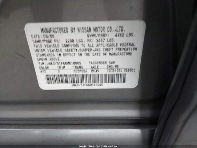 2006 Infiniti G35x მანქანა იყიდება აუქციონზე, vin: JNKCV51F66M618065, აუქციონის ნომერი: 46172665