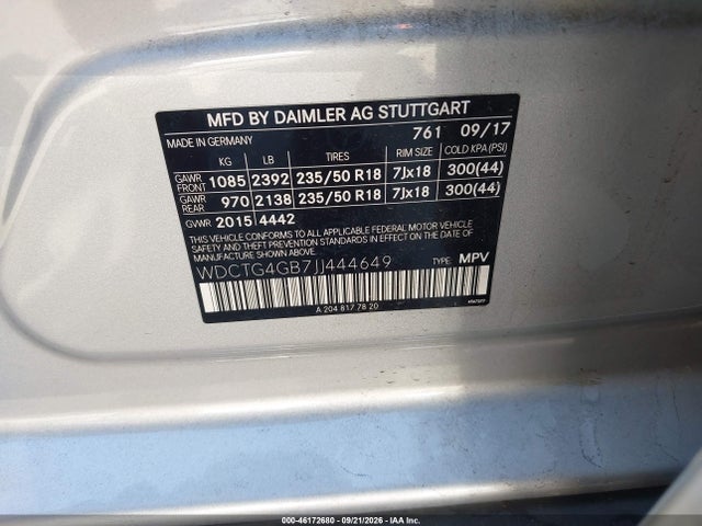 Aukcja sprzedaży 2018 Mercedes-benz Gla Gla 250, vin: WDCTG4GB7JJ444649, numer aukcji: 46172680