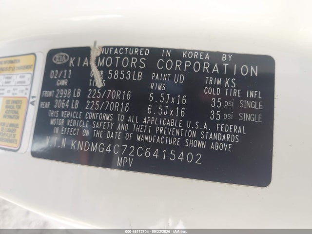Aukcja sprzedaży 2012 Kia Sedona Lx, vin: KNDMG4C72C6415402, numer aukcji: 46172704