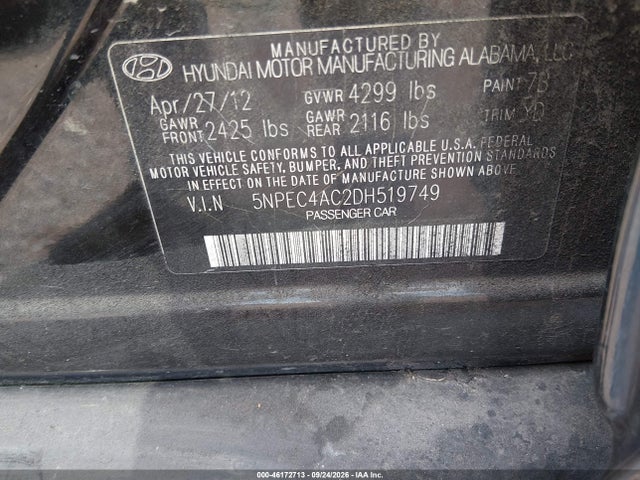 2013 Hyundai Sonata Limited მანქანა იყიდება აუქციონზე, vin: 5NPEC4AC2DH519749, აუქციონის ნომერი: 46172713