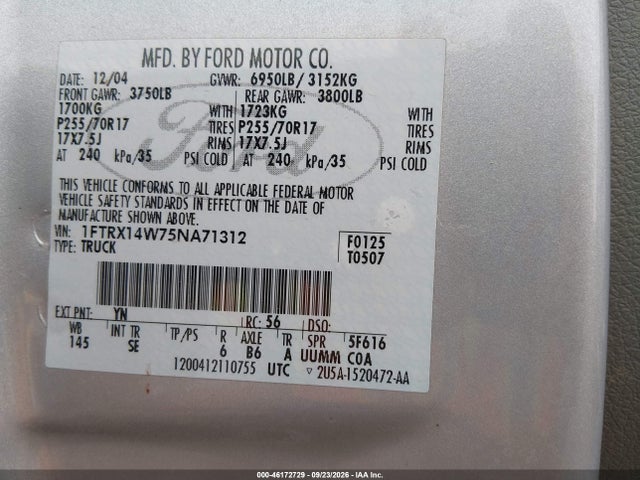 Aukcja sprzedaży 2005 Ford F-150 Stx/xl/xlt, vin: 1FTRX14W75NA71312, numer aukcji: 46172729
