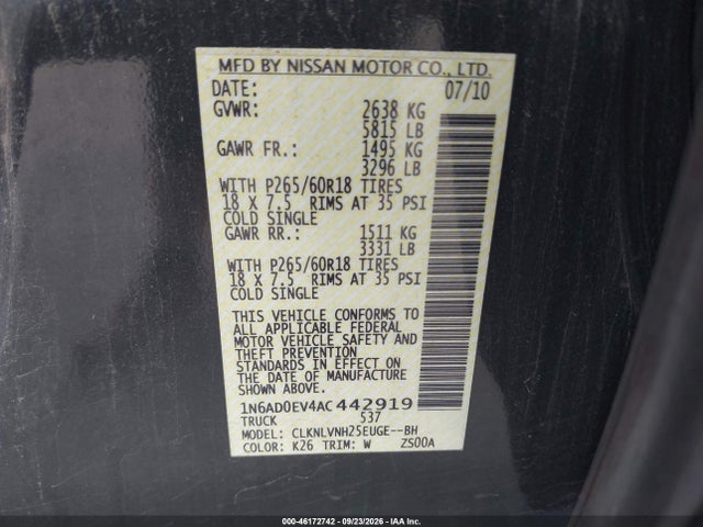 46172742 :رقم المزاد ، 1N6AD0EV4AC442919 vin ، 2010 Nissan Frontier Le مزاد بيع